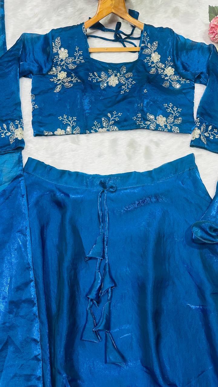 Teal Blue Designer Heavy Fandy Satin Embroidered Peplum Lehenga Set with Sequins, Zari Work, Belt & Matching Dupatta – Fully Stitched Festive & Party Wear