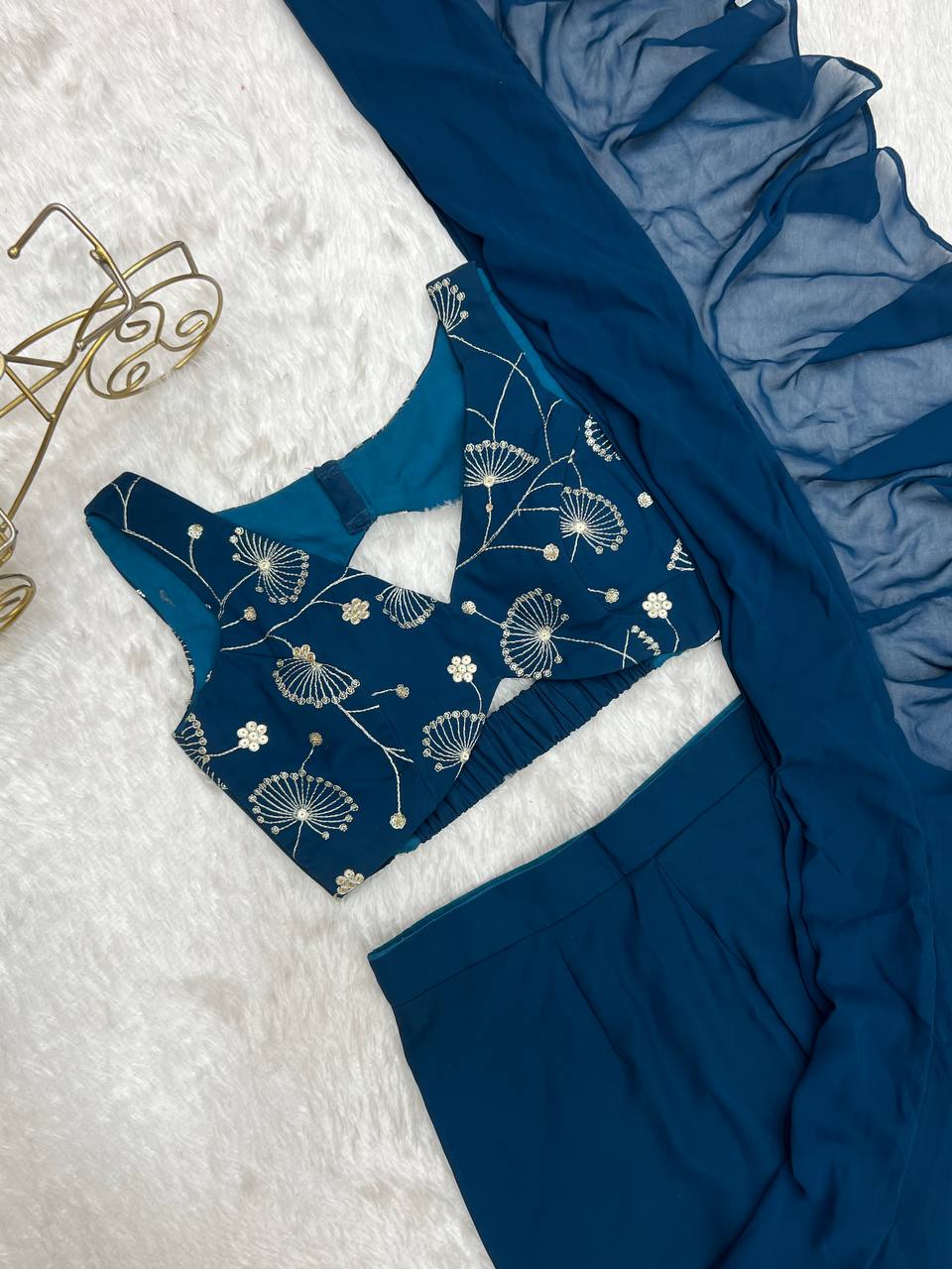 Teal Blue Designer Ready-to-Wear Sharara Saree in Pure Fox Georgette with Heavy Embroidered Sequin Blouse