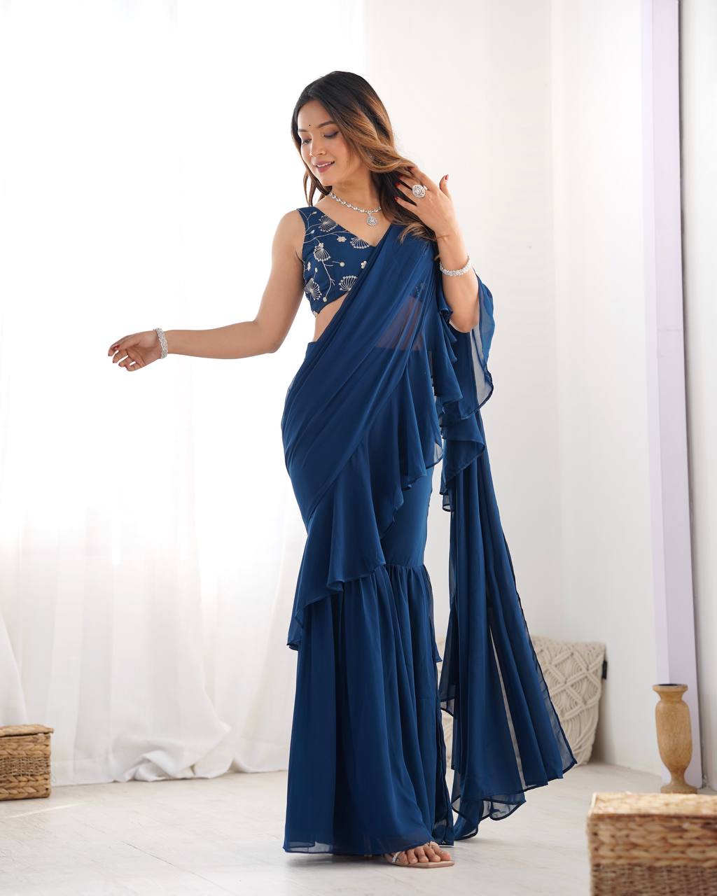 Teal Blue Designer Ready-to-Wear Sharara Saree in Pure Fox Georgette with Heavy Embroidered Sequin Blouse