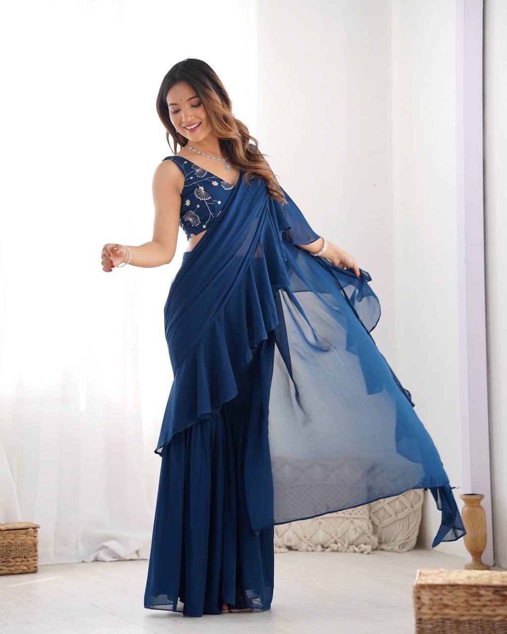 Teal Blue Designer Ready-to-Wear Sharara Saree in Pure Fox Georgette with Heavy Embroidered Sequin Blouse
