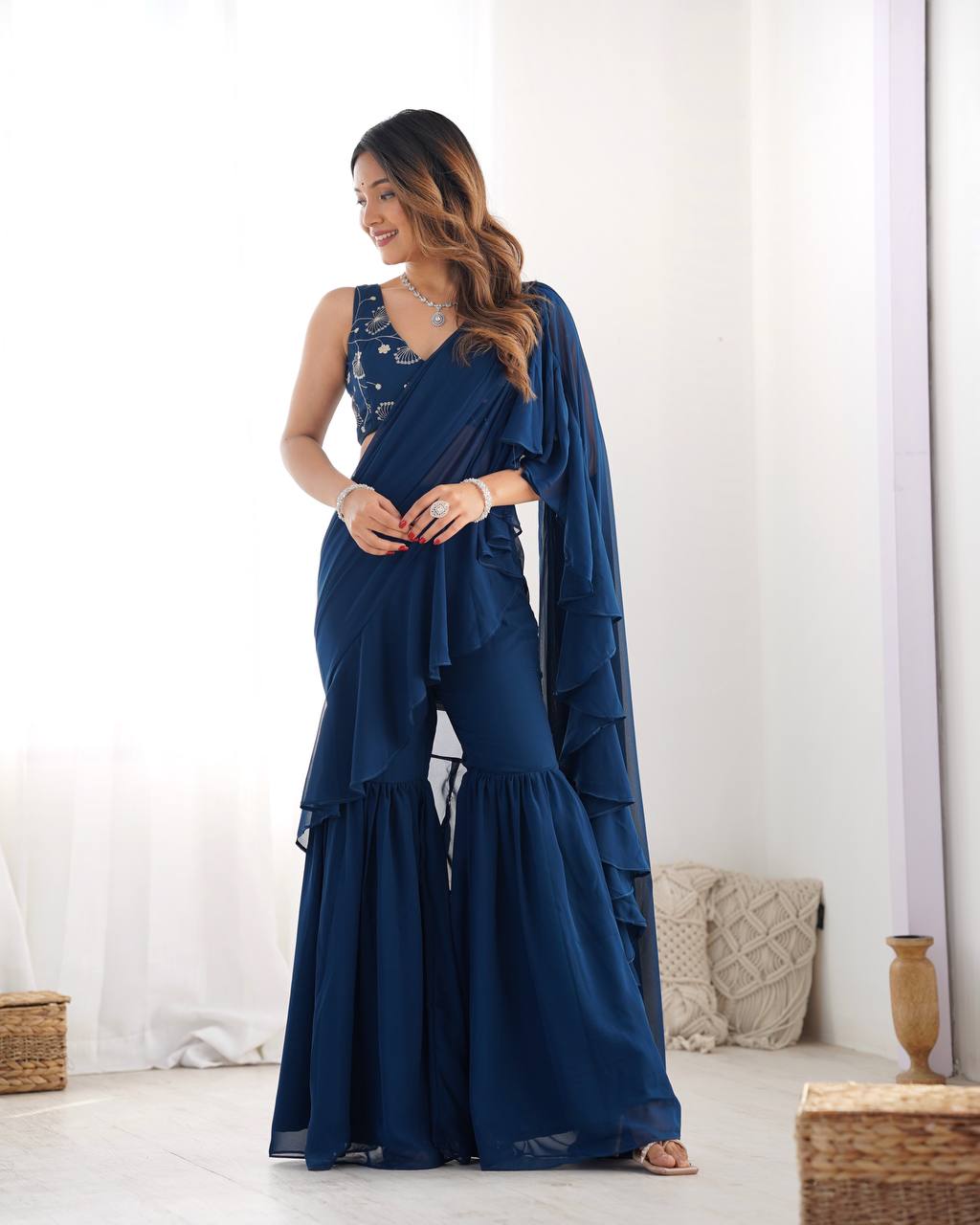 Teal Blue Designer Ready-to-Wear Sharara Saree in Pure Fox Georgette with Heavy Embroidered Sequin Blouse