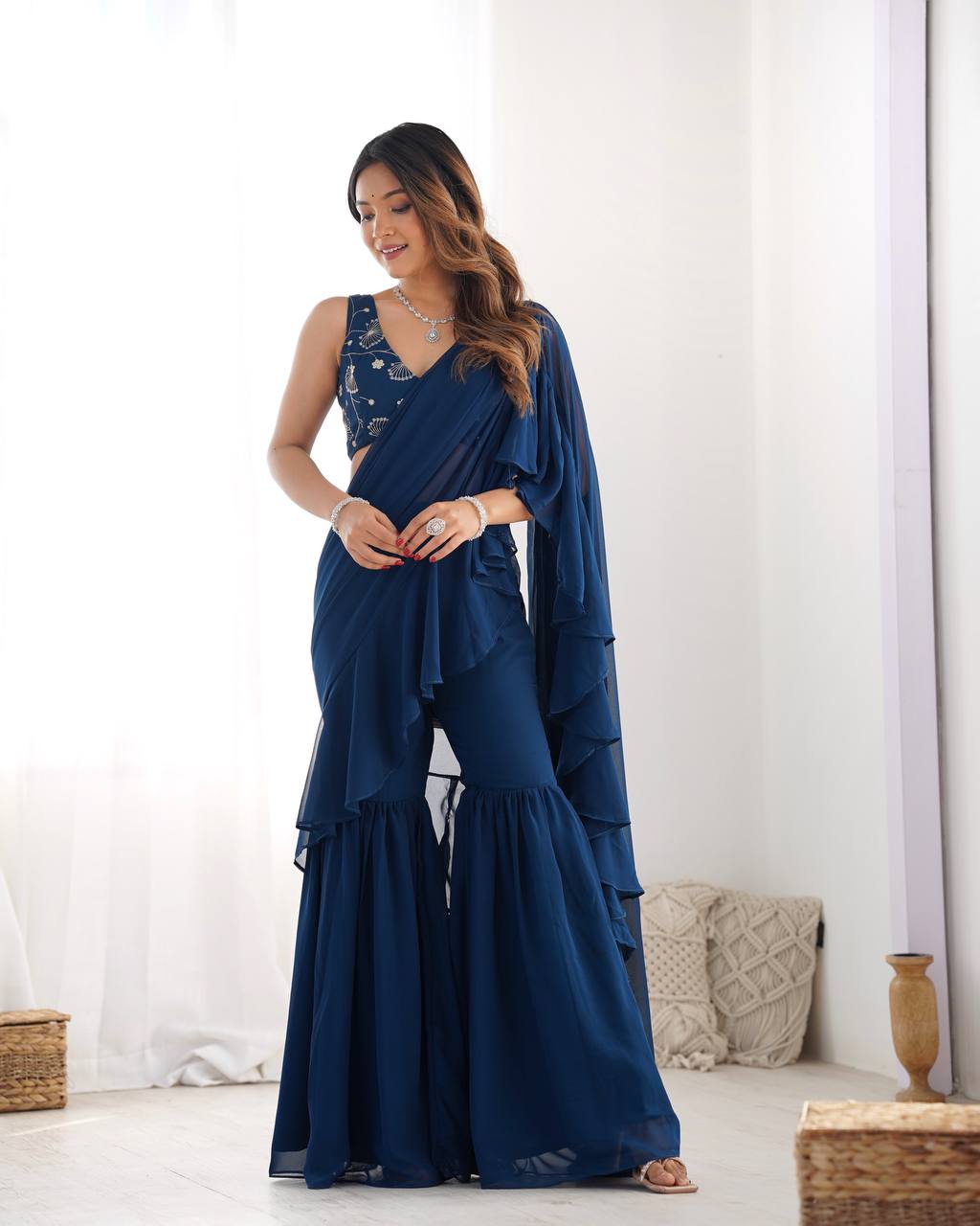 Teal Blue Designer Ready-to-Wear Sharara Saree in Pure Fox Georgette with Heavy Embroidered Sequin Blouse
