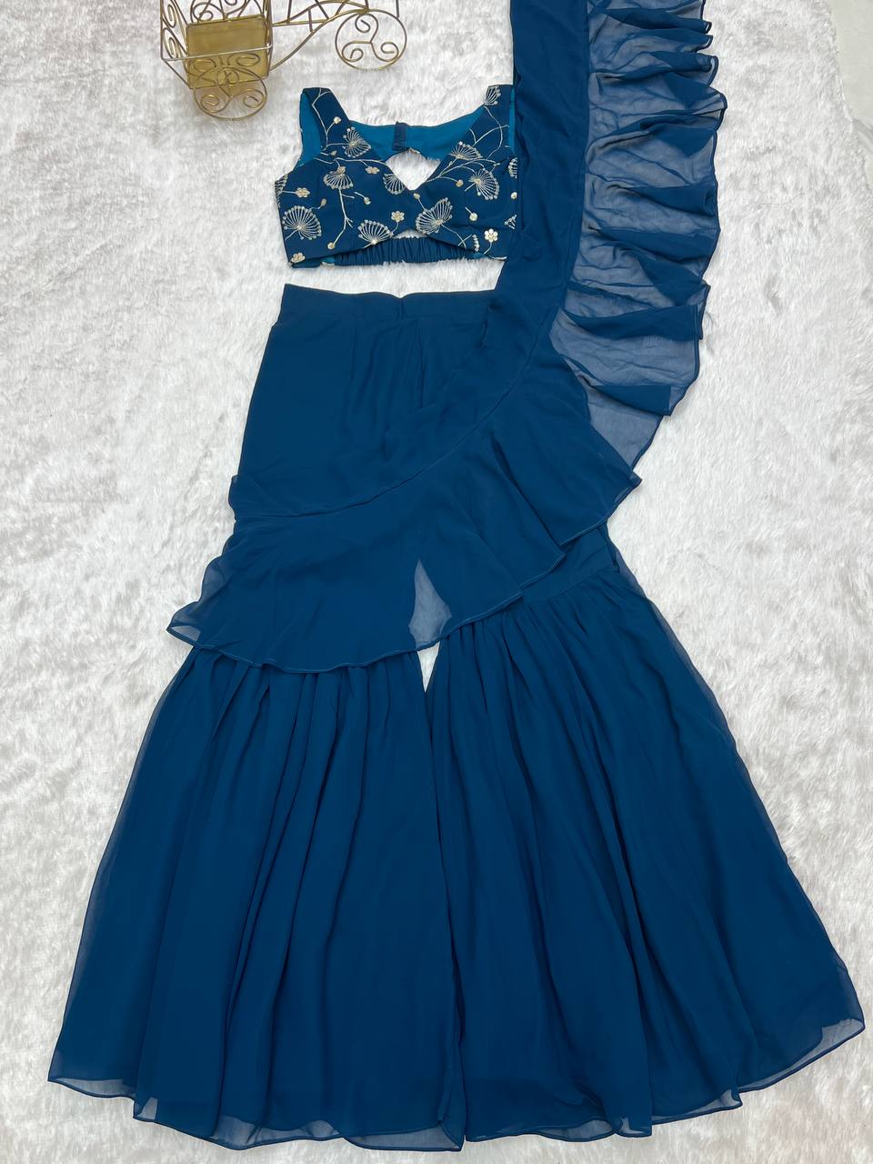 Teal Blue Designer Ready-to-Wear Sharara Saree in Pure Fox Georgette with Heavy Embroidered Sequin Blouse