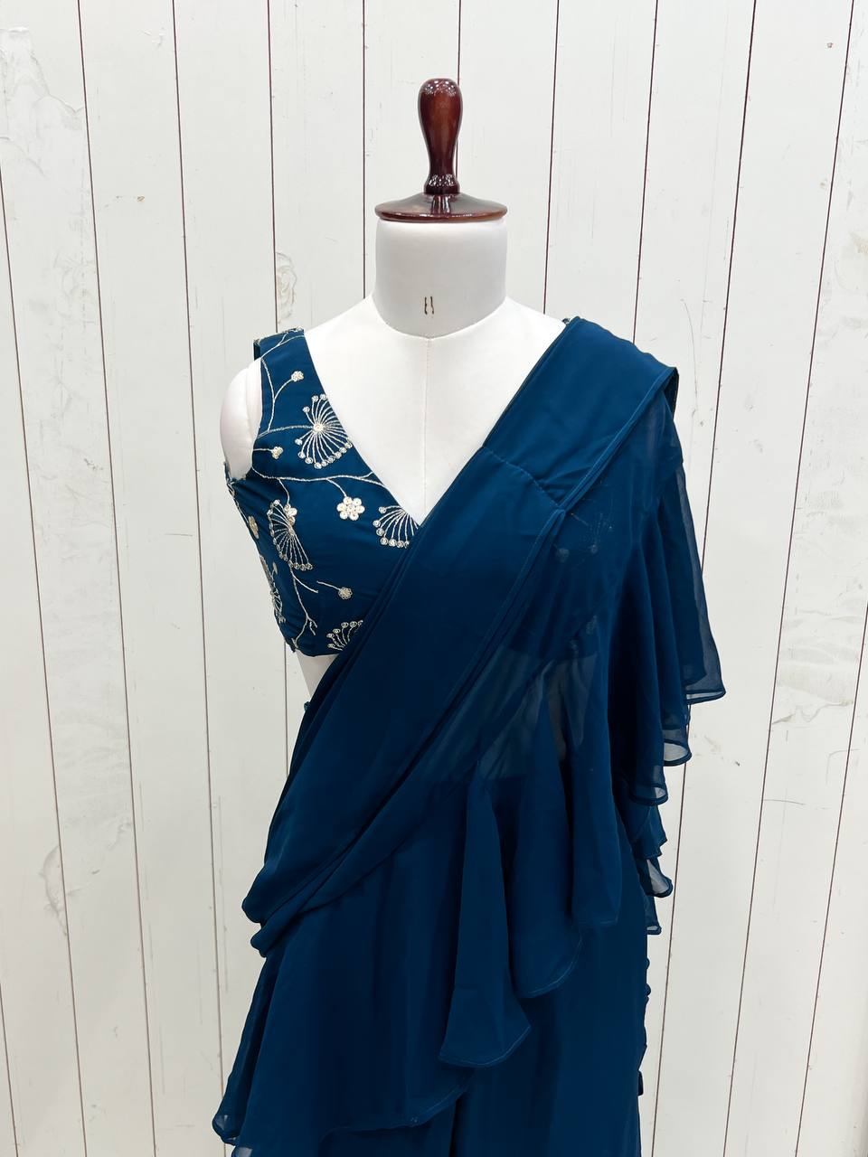 Teal Blue Designer Ready-to-Wear Sharara Saree in Pure Fox Georgette with Heavy Embroidered Sequin Blouse