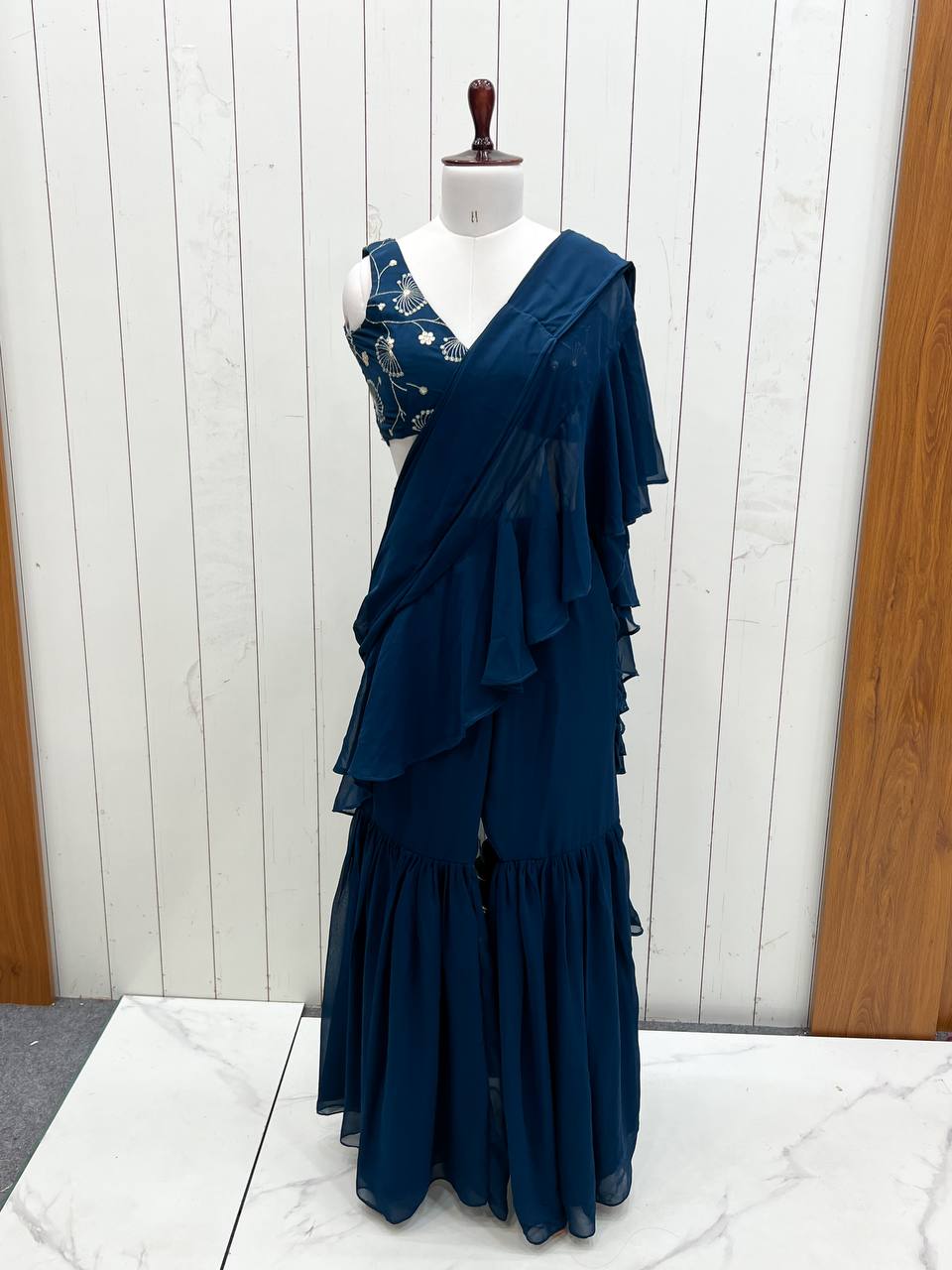 Teal Blue Designer Ready-to-Wear Sharara Saree in Pure Fox Georgette with Heavy Embroidered Sequin Blouse