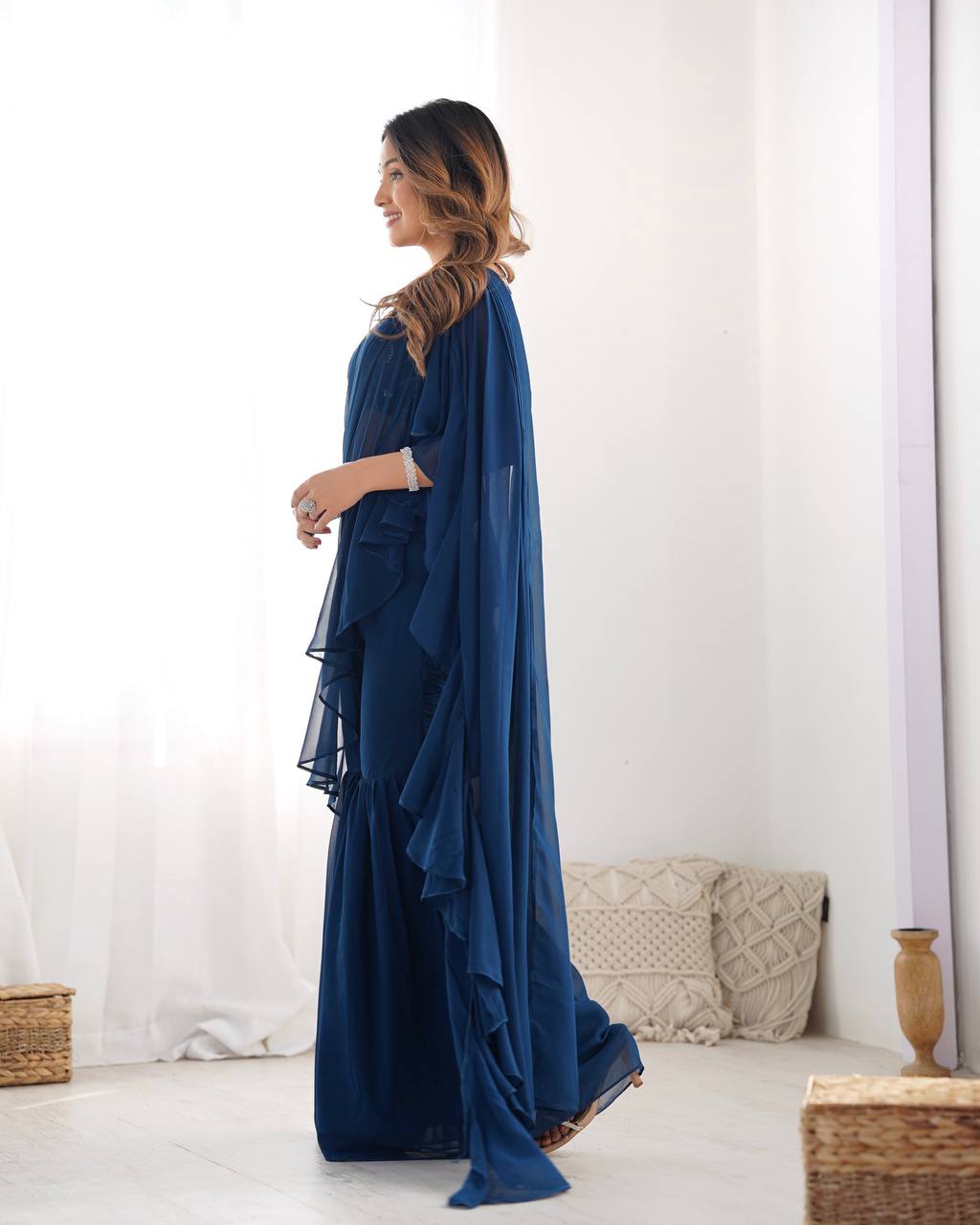 Teal Blue Designer Ready-to-Wear Sharara Saree in Pure Fox Georgette with Heavy Embroidered Sequin Blouse