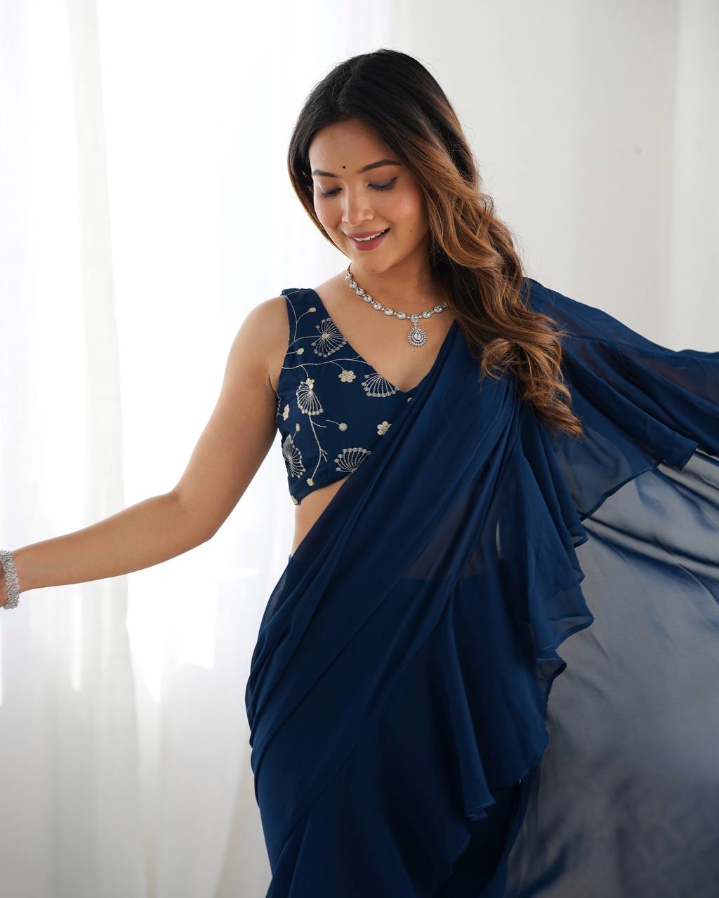 Teal Blue Designer Ready-to-Wear Sharara Saree in Pure Fox Georgette with Heavy Embroidered Sequin Blouse