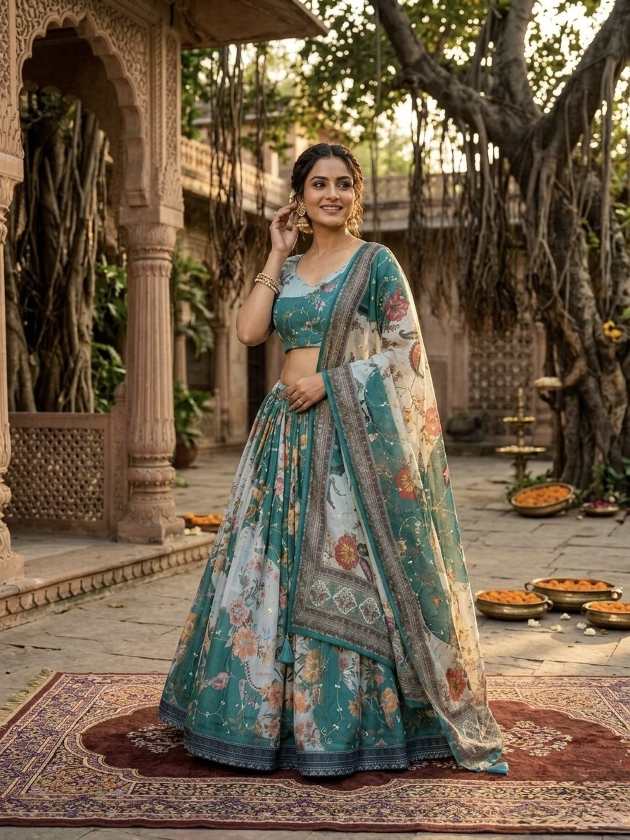Teal Blue Digital Print Silk Lehenga Set
