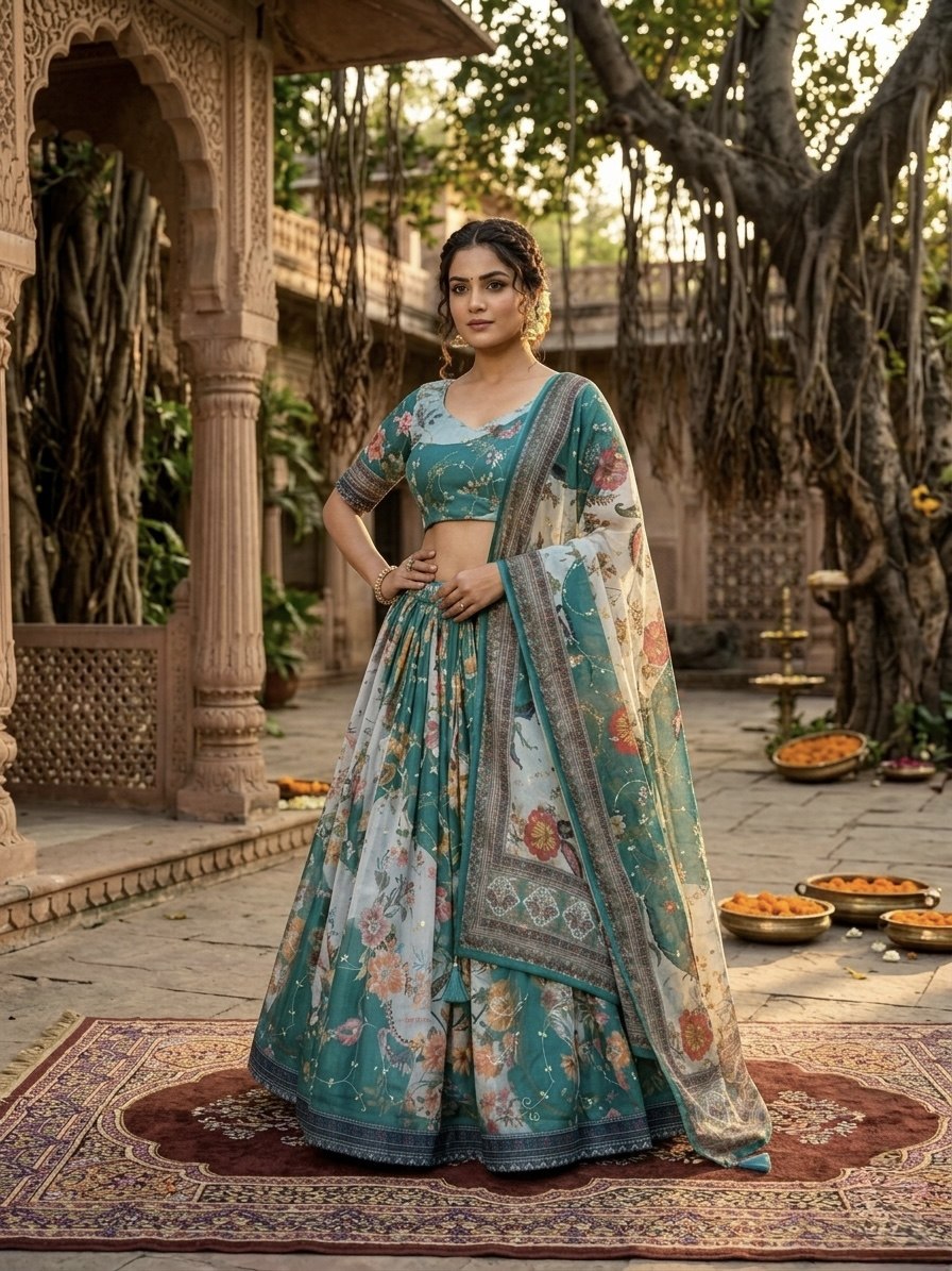 Teal Blue Digital Print Silk Lehenga Set