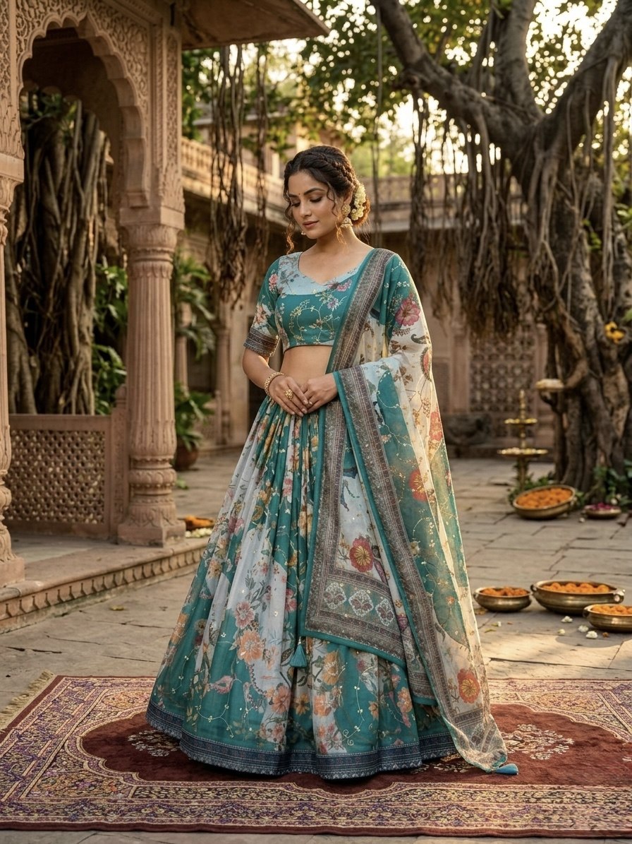 Teal Blue Digital Print Silk Lehenga Set