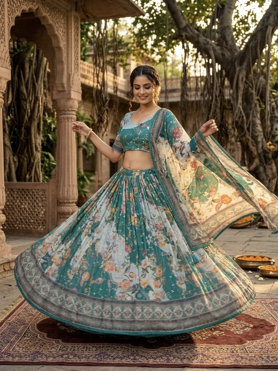 Teal Blue Digital Print Silk Lehenga Set