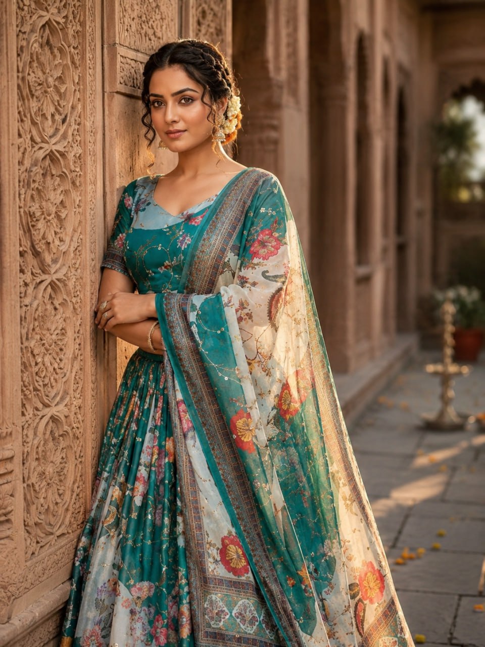 Teal Blue Digital Print Silk Lehenga Set