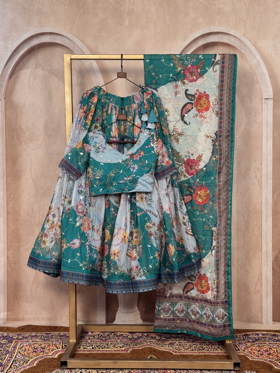 Teal Blue Digital Print Silk Lehenga Set