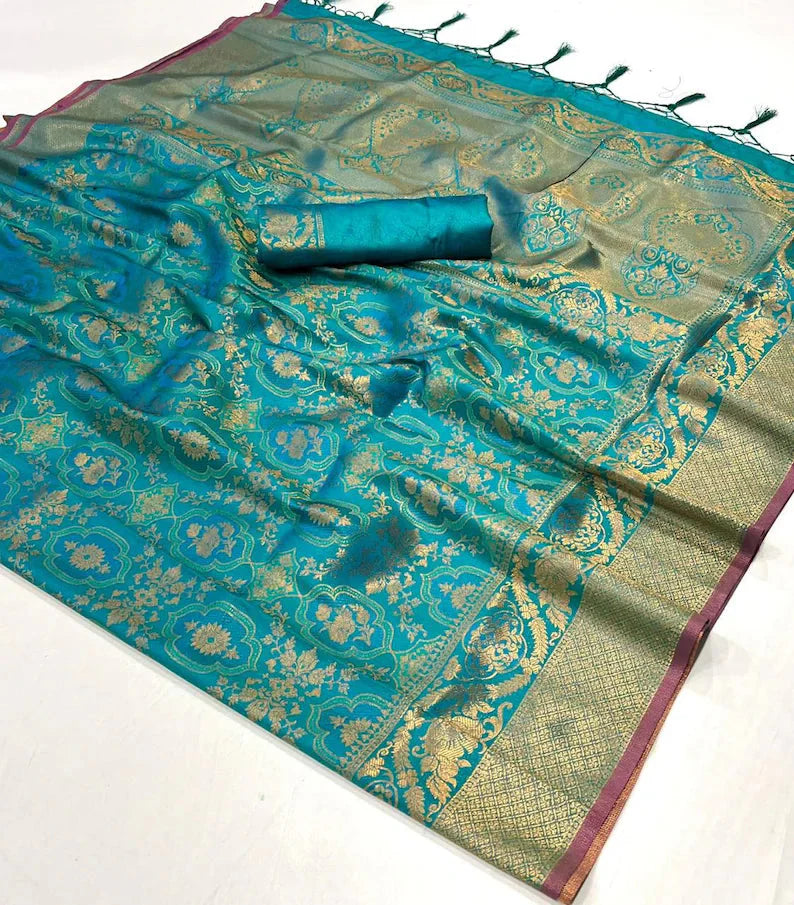 Teal Blue Elegant Blended Silk Banarasi Saree with Blouse Piece – Timeless Traditional Charm