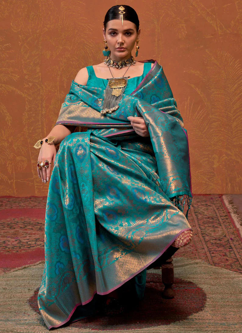 Teal Blue Elegant Blended Silk Banarasi Saree with Blouse Piece – Timeless Traditional Charm