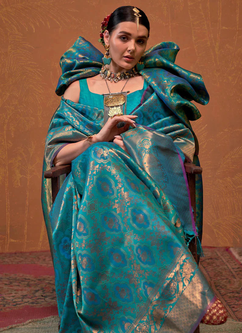 Teal Blue Elegant Blended Silk Banarasi Saree with Blouse Piece – Timeless Traditional Charm
