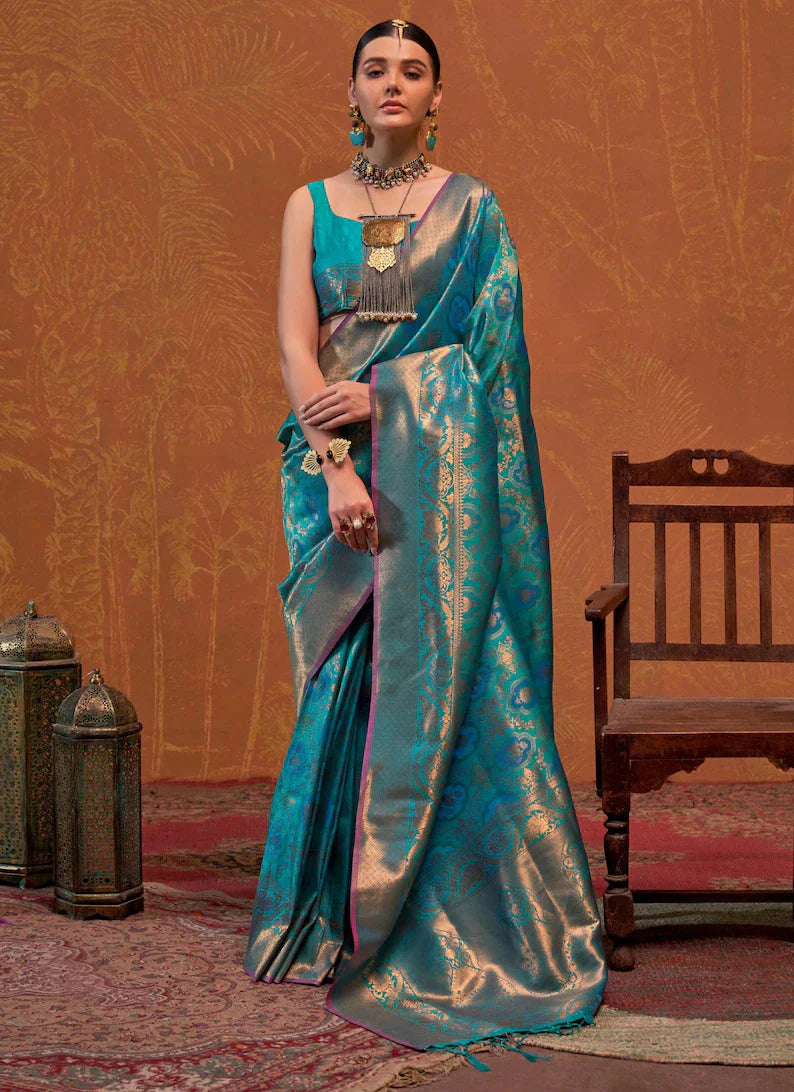 Teal Blue Elegant Blended Silk Banarasi Saree with Blouse Piece – Timeless Traditional Charm