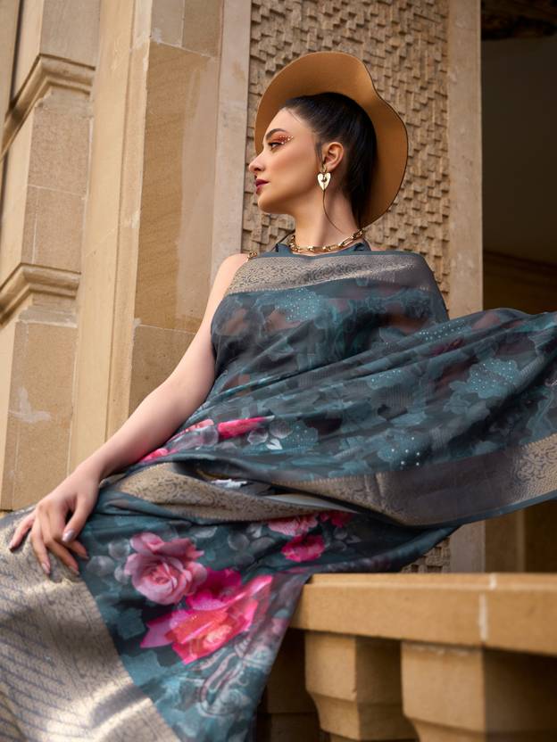 Teal Blue Elegant Brasso Madurai Saree with Unstitched Blouse Piece