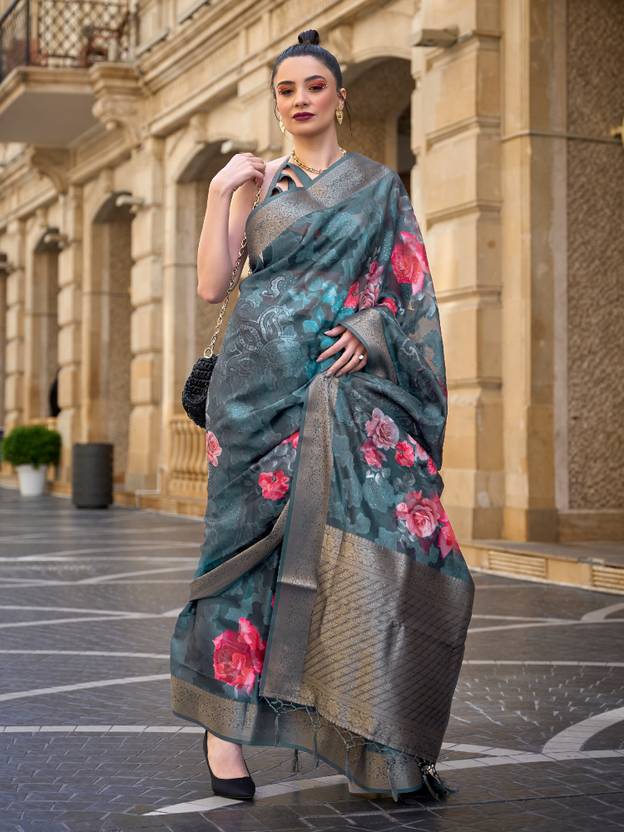 Teal Blue Elegant Brasso Madurai Saree with Unstitched Blouse Piece
