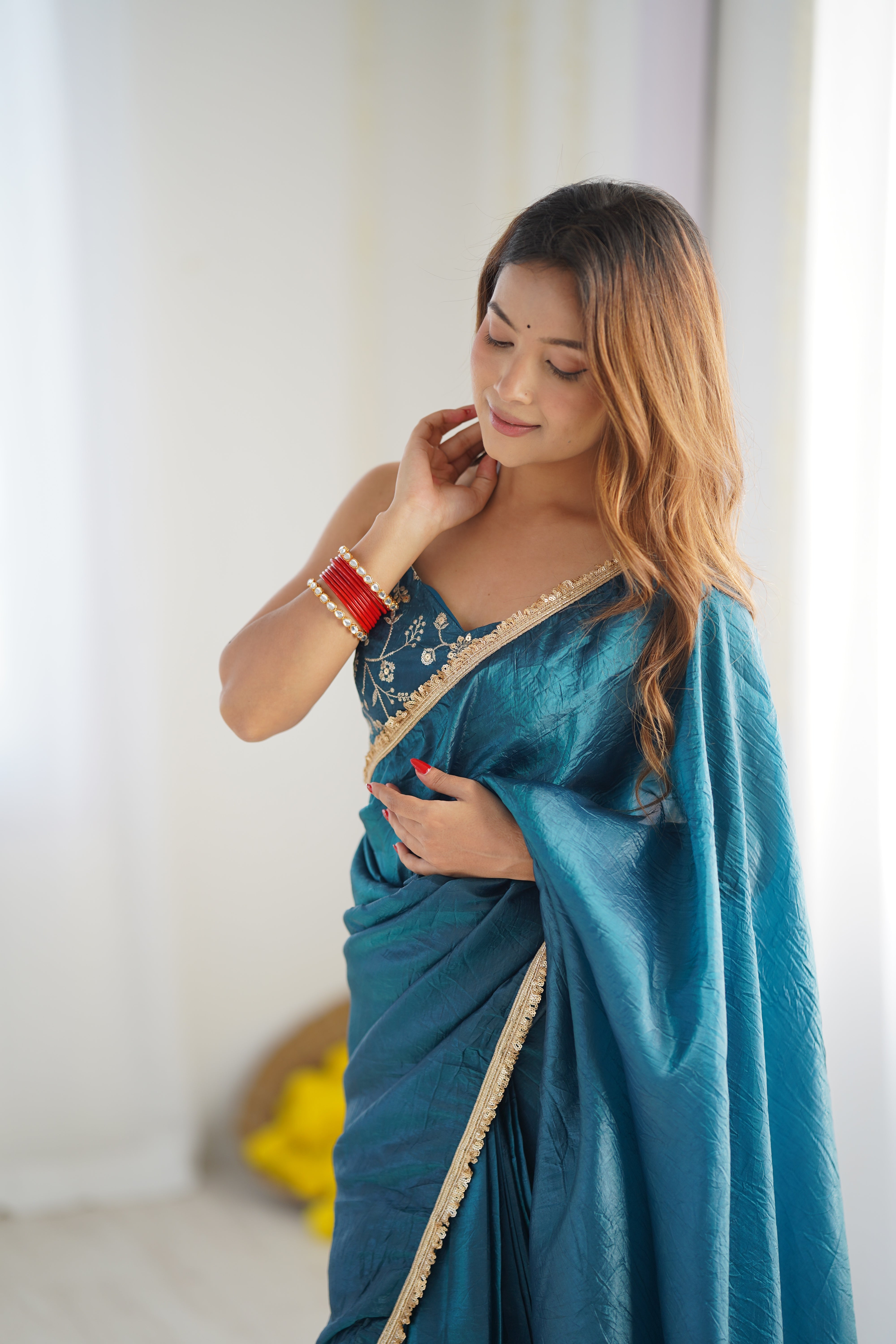 Teal Blue Mauve Elegant Ready-to-Wear Gold Crush Tissue Silk Saree with Fully Stitched Blouse - Premium Quality