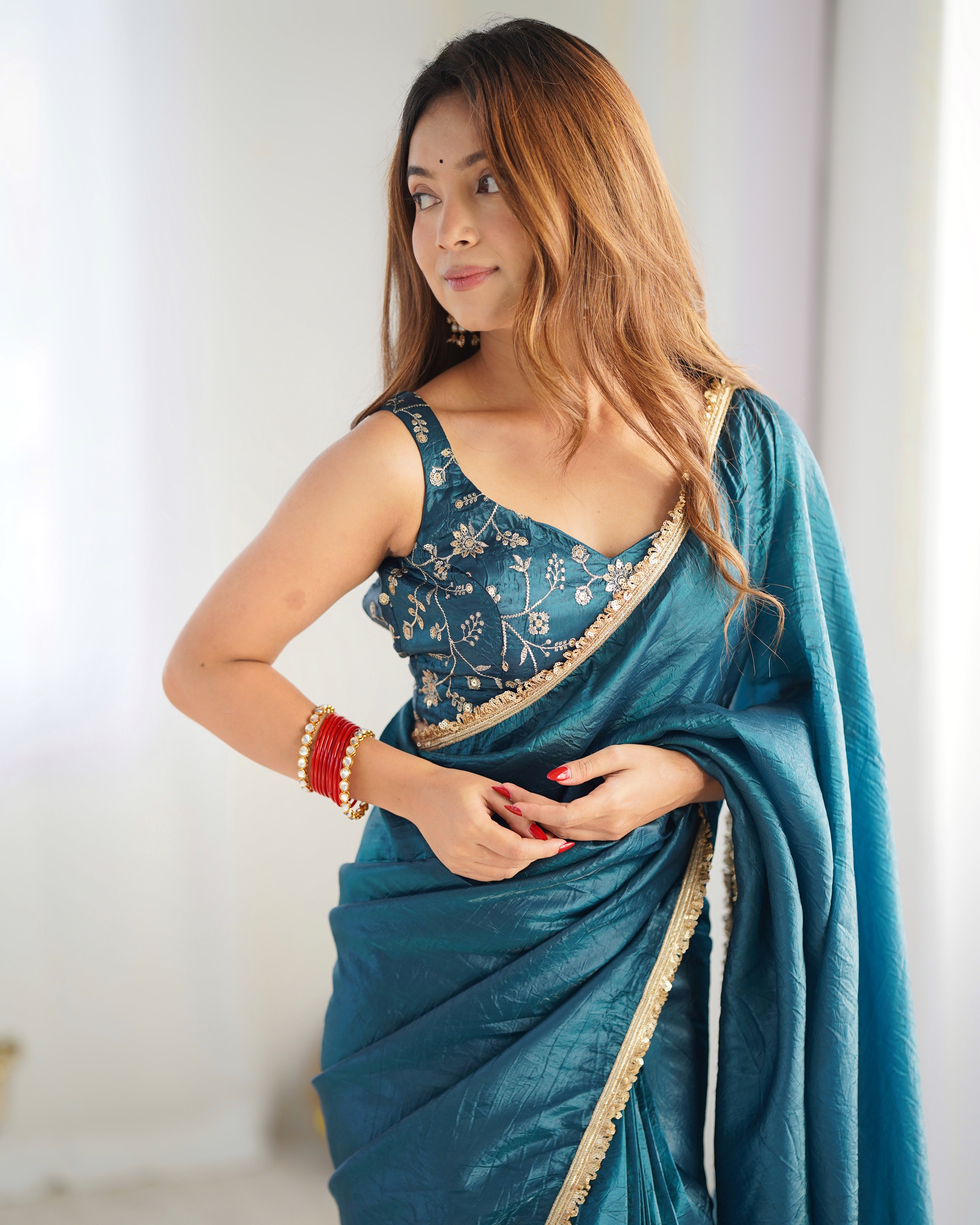 Teal Blue Mauve Elegant Ready-to-Wear Gold Crush Tissue Silk Saree with Fully Stitched Blouse - Premium Quality