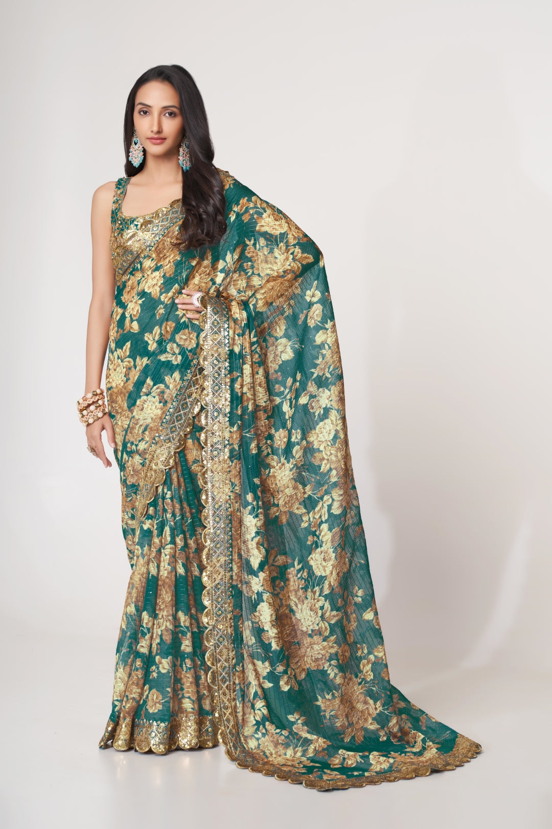 Teal Blue Organza Saree with Sequin Embroidery and Digital Print