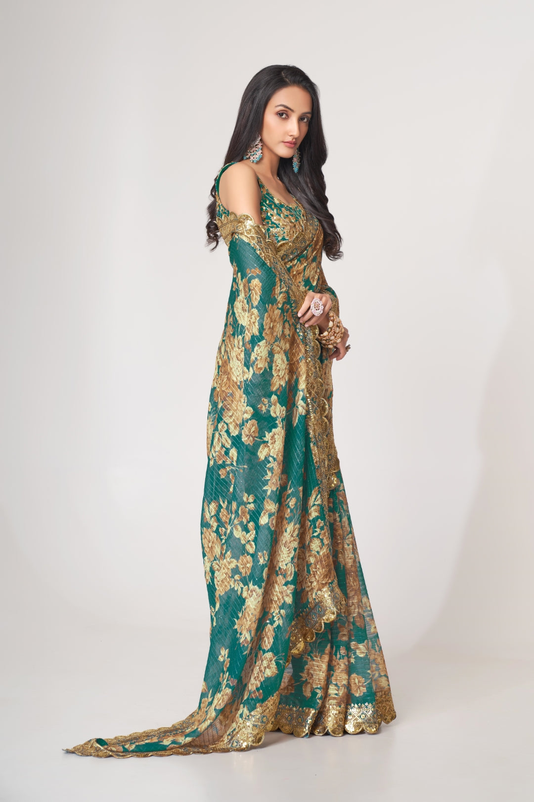 Teal Blue Organza Saree with Sequin Embroidery and Digital Print