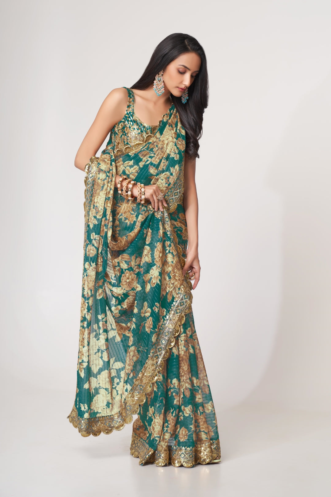 Teal Blue Organza Saree with Sequin Embroidery and Digital Print