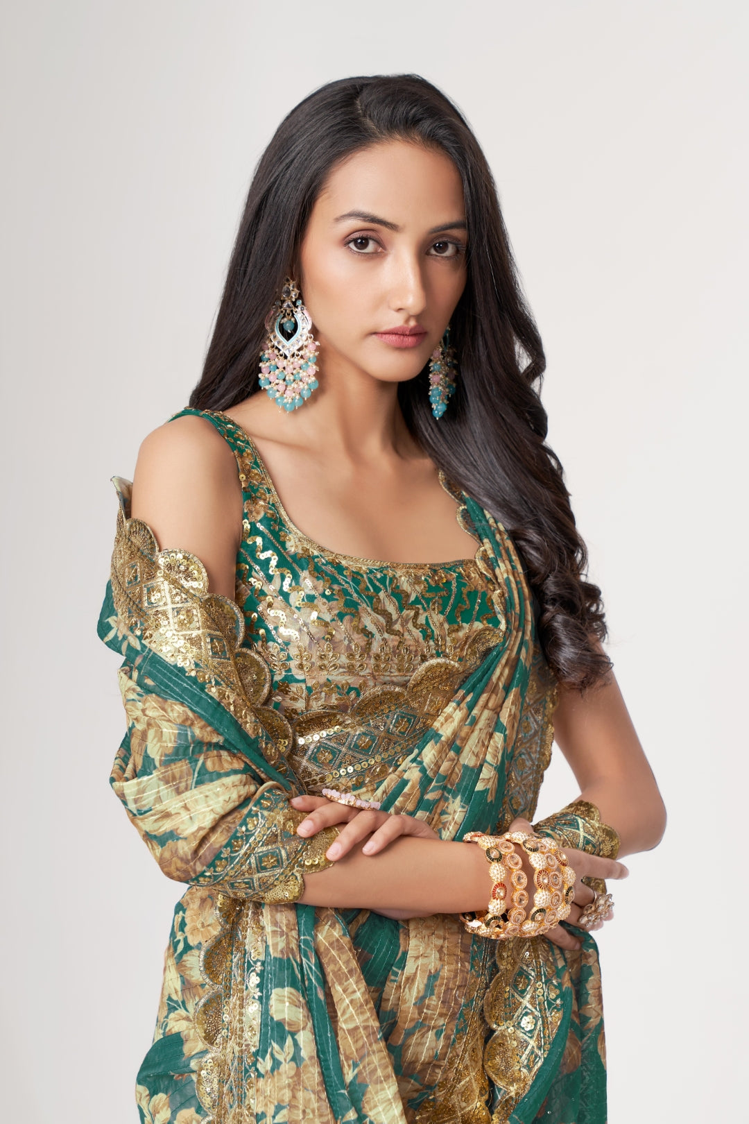 Teal Blue Organza Saree with Sequin Embroidery and Digital Print