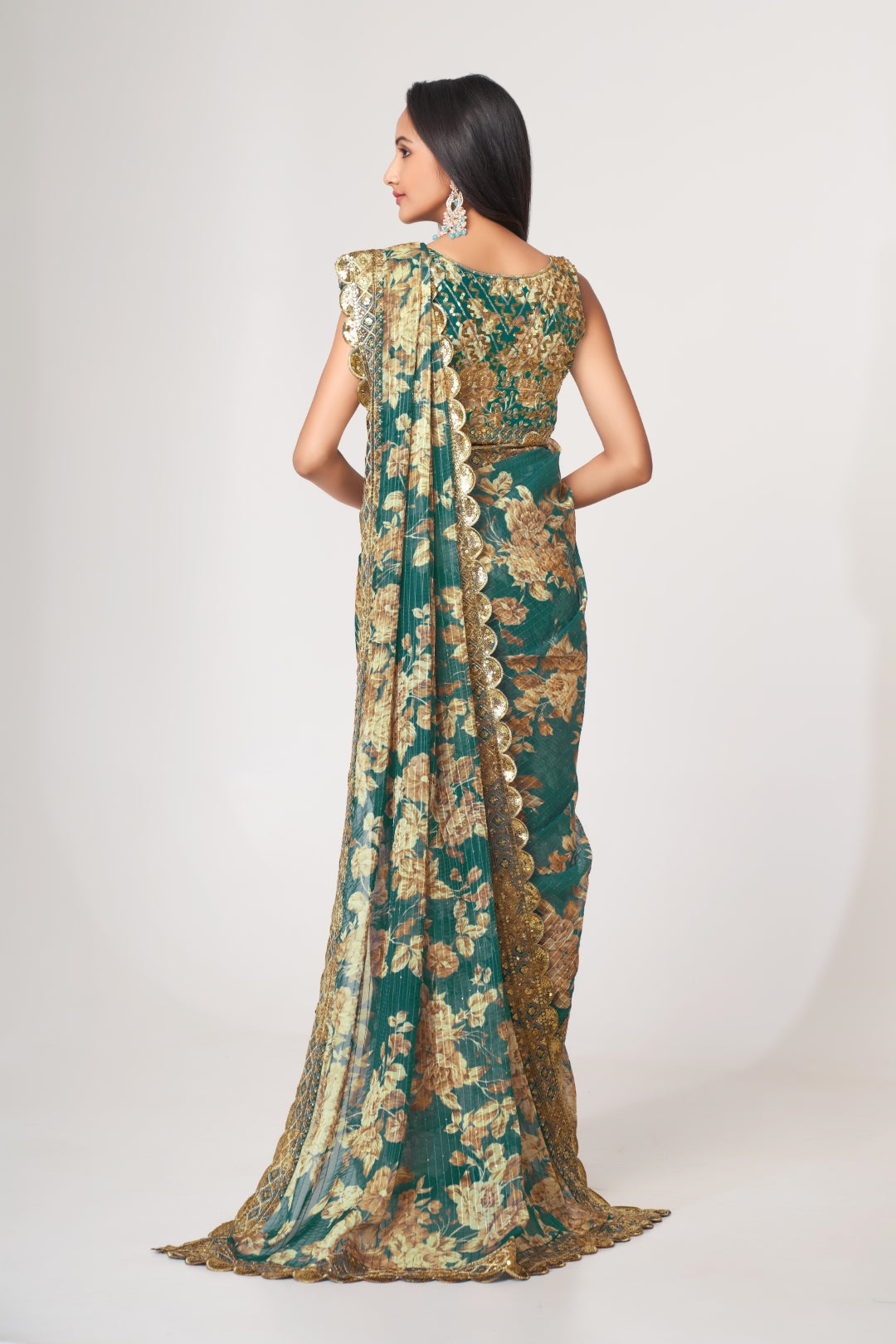Teal Blue Organza Saree with Sequin Embroidery and Digital Print
