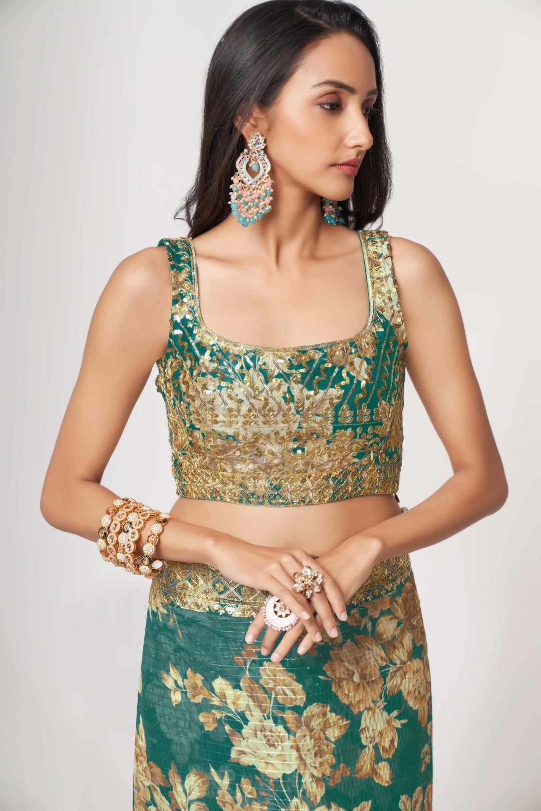 Teal Blue Organza Saree with Sequin Embroidery and Digital Print