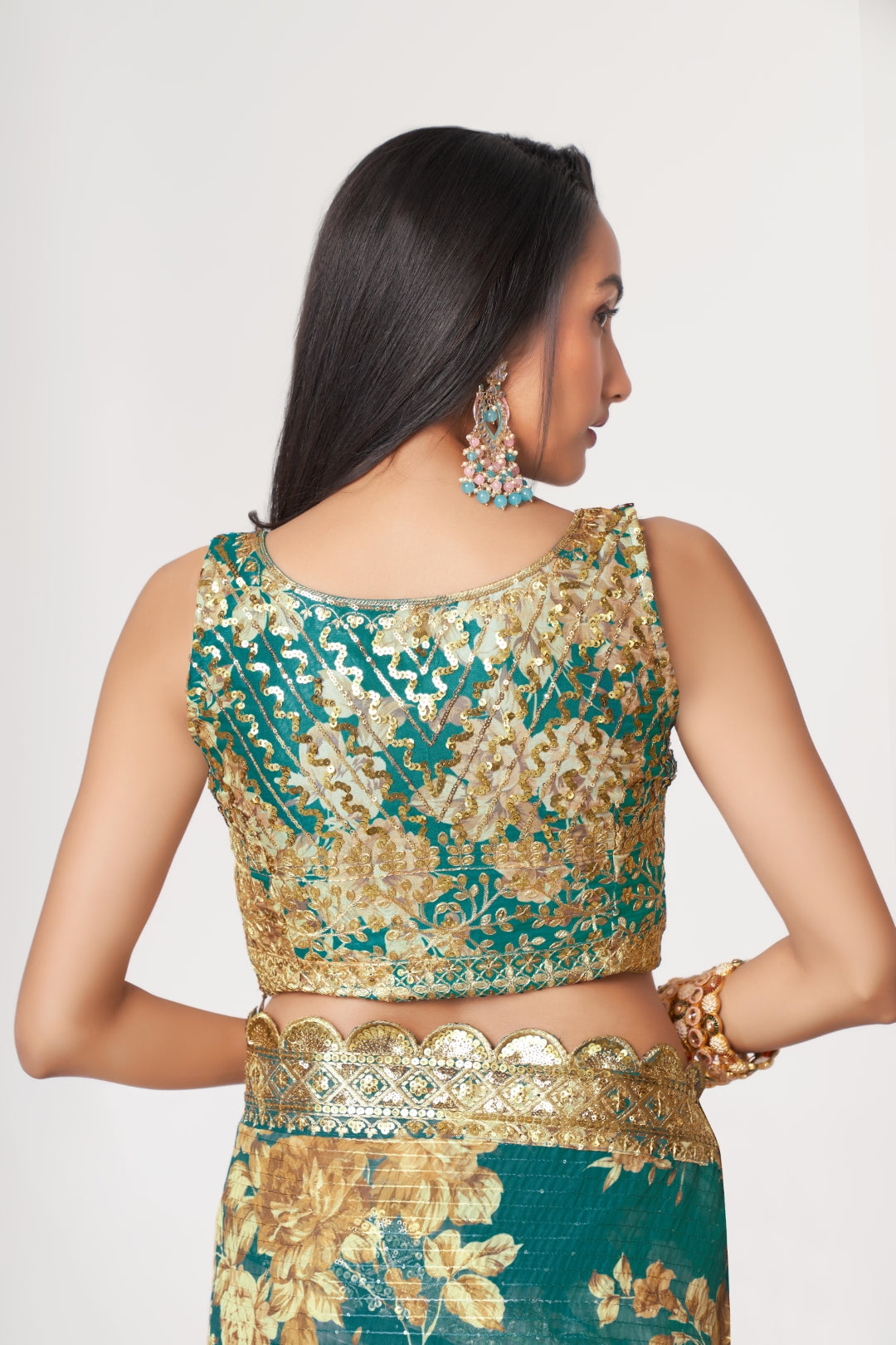 Teal Blue Organza Saree with Sequin Embroidery and Digital Print