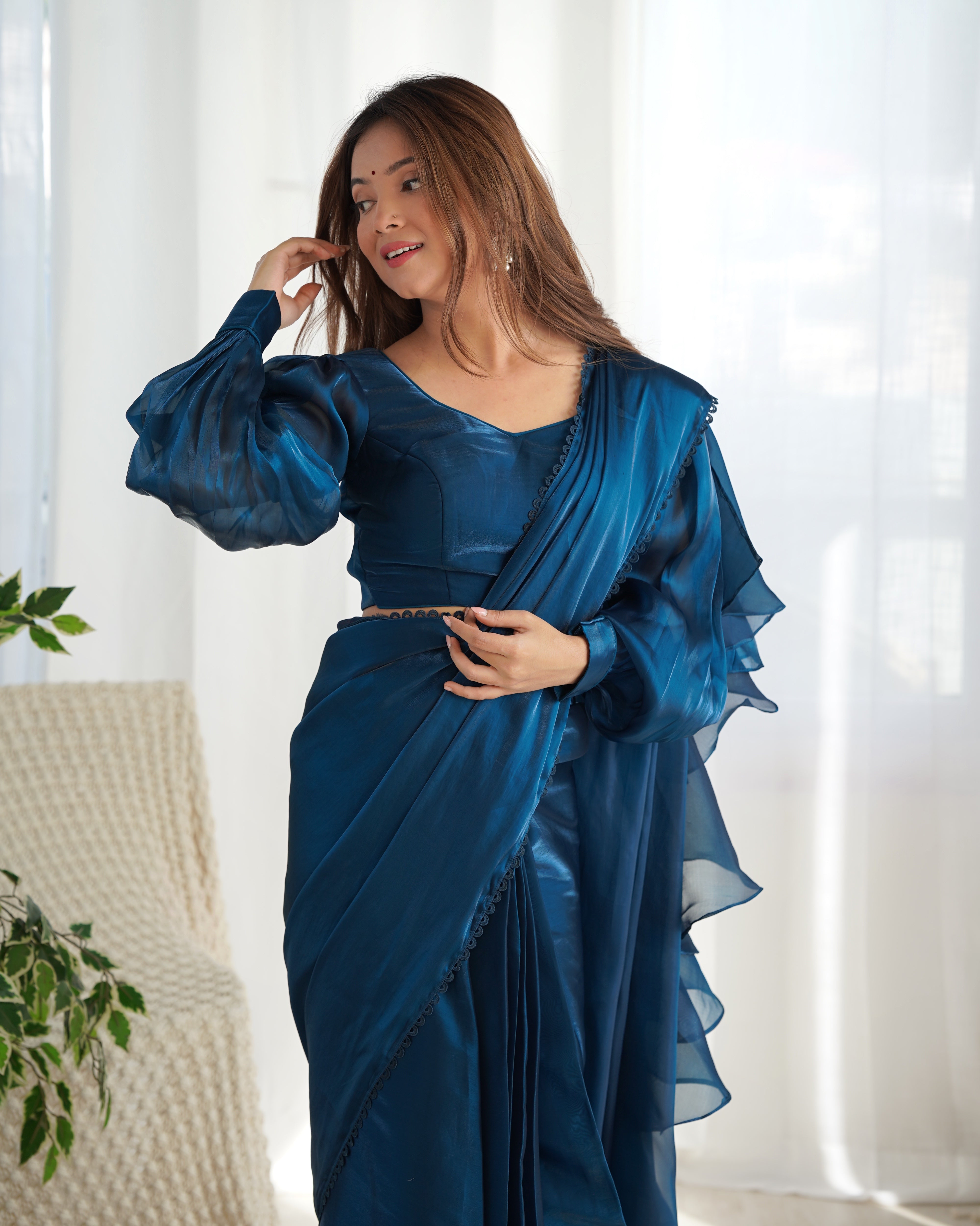 Teal Blue Premium Ready-to-Wear Organza Ruffle Saree with Stitched Blouse