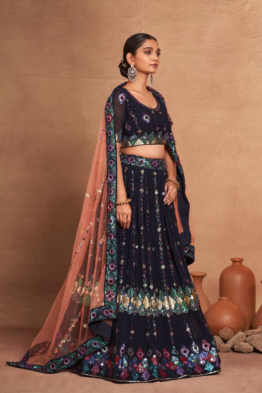 Teal Blue Regal Embroidered Georgette Lehenga Set – A Perfect Blend of Grace & Glamour