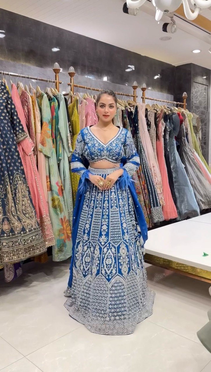 Teal Blue Stunning Faux Georgette Semi-Stitched Lehenga Choli Set with Cording Dori & Sequin Work