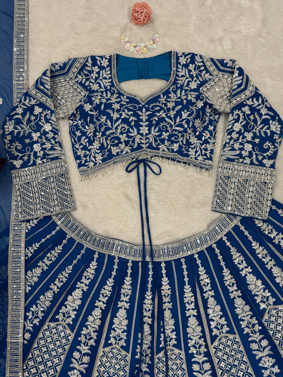Teal Blue Stunning Faux Georgette Semi-Stitched Lehenga Choli Set with Cording Dori & Sequin Work