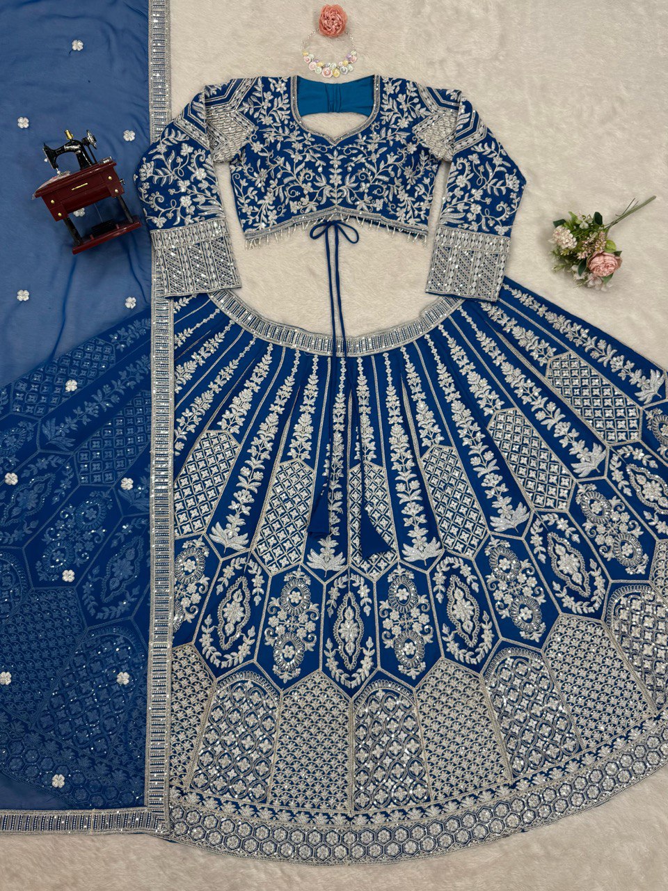 Teal Blue Stunning Faux Georgette Semi-Stitched Lehenga Choli Set with Cording Dori & Sequin Work