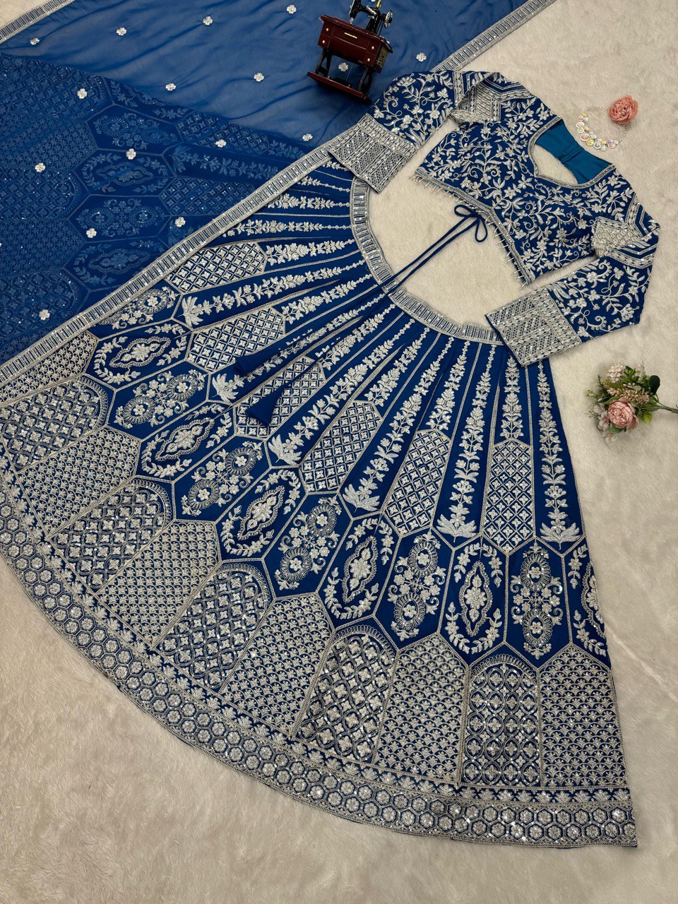Teal Blue Stunning Faux Georgette Semi-Stitched Lehenga Choli Set with Cording Dori & Sequin Work