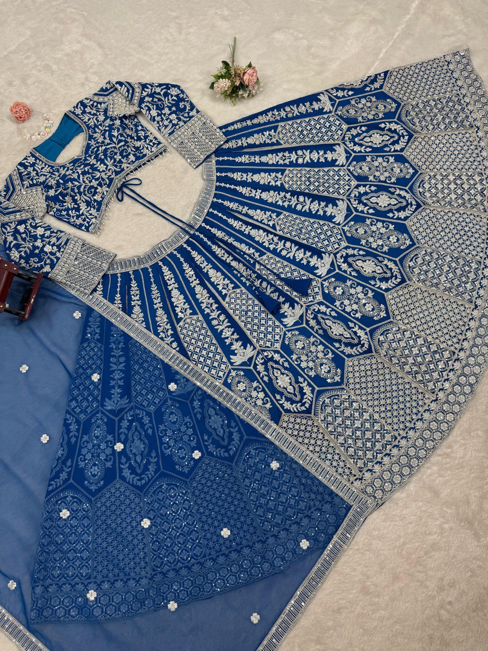 Teal Blue Stunning Faux Georgette Semi-Stitched Lehenga Choli Set with Cording Dori & Sequin Work