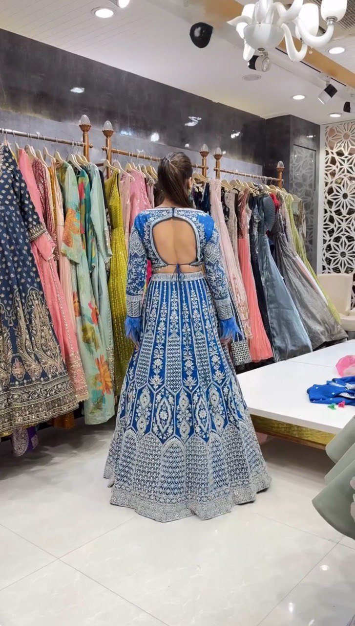 Teal Blue Stunning Faux Georgette Semi-Stitched Lehenga Choli Set with Cording Dori & Sequin Work
