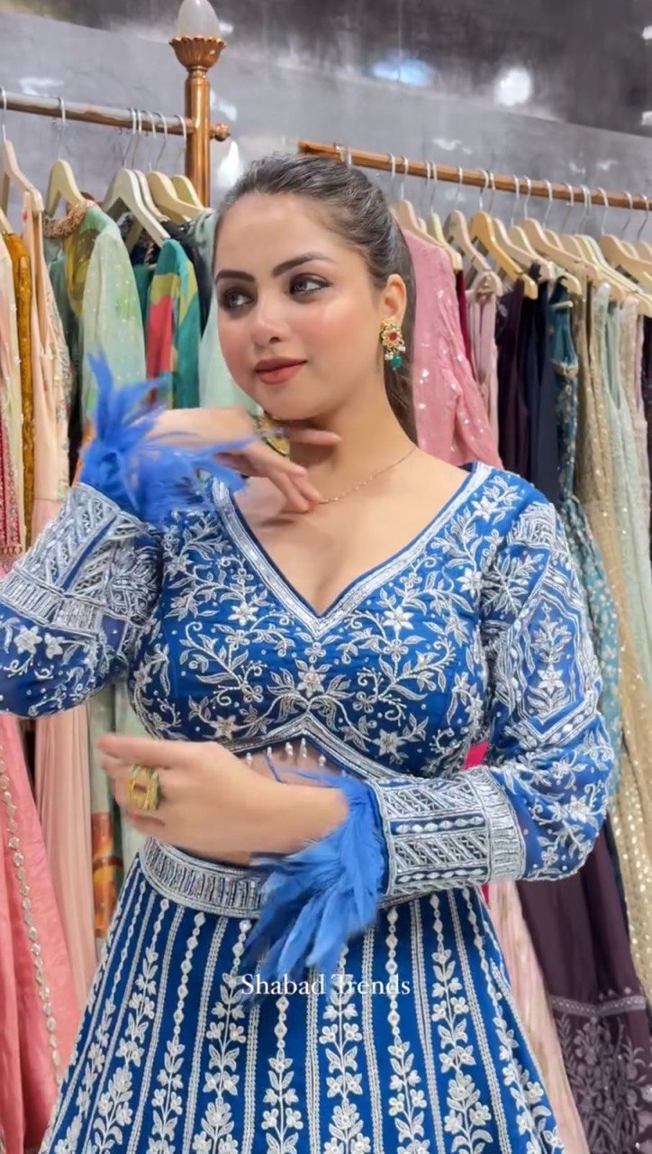 Teal Blue Stunning Faux Georgette Semi-Stitched Lehenga Choli Set with Cording Dori & Sequin Work