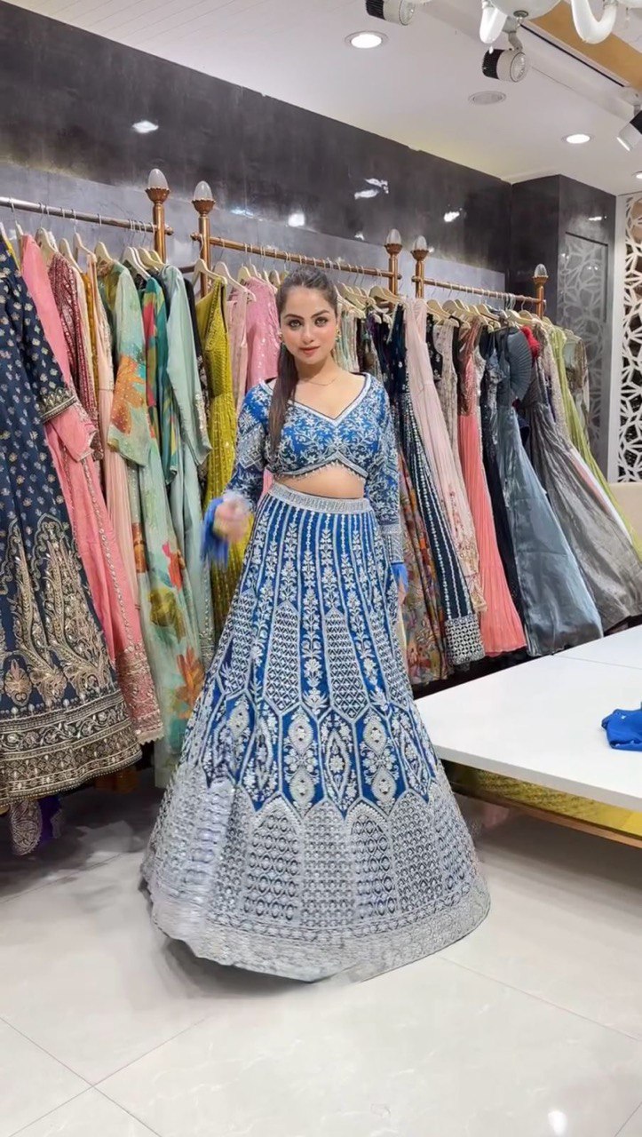 Teal Blue Stunning Faux Georgette Semi-Stitched Lehenga Choli Set with Cording Dori & Sequin Work