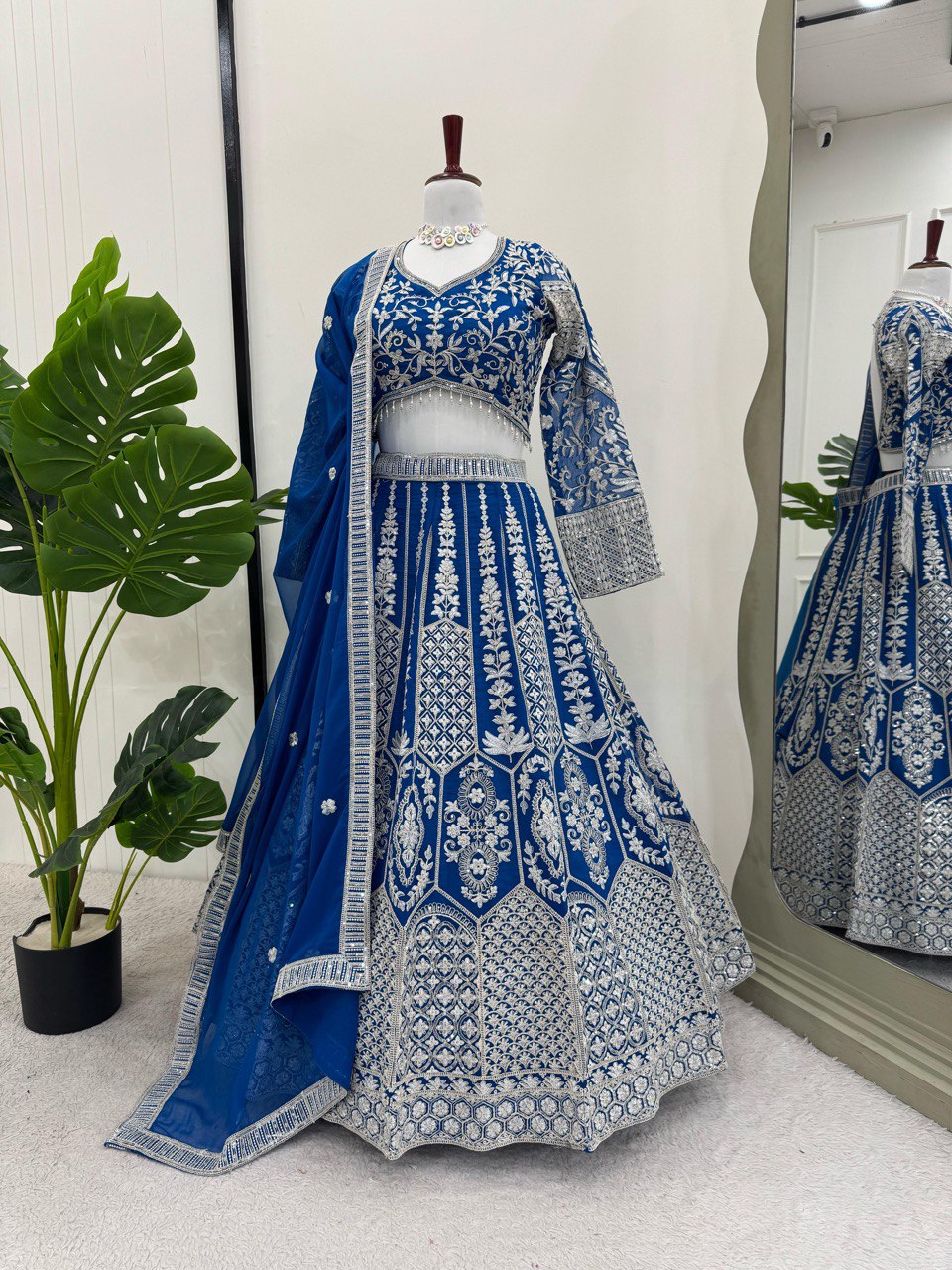 Teal Blue Stunning Faux Georgette Semi-Stitched Lehenga Choli Set with Cording Dori & Sequin Work