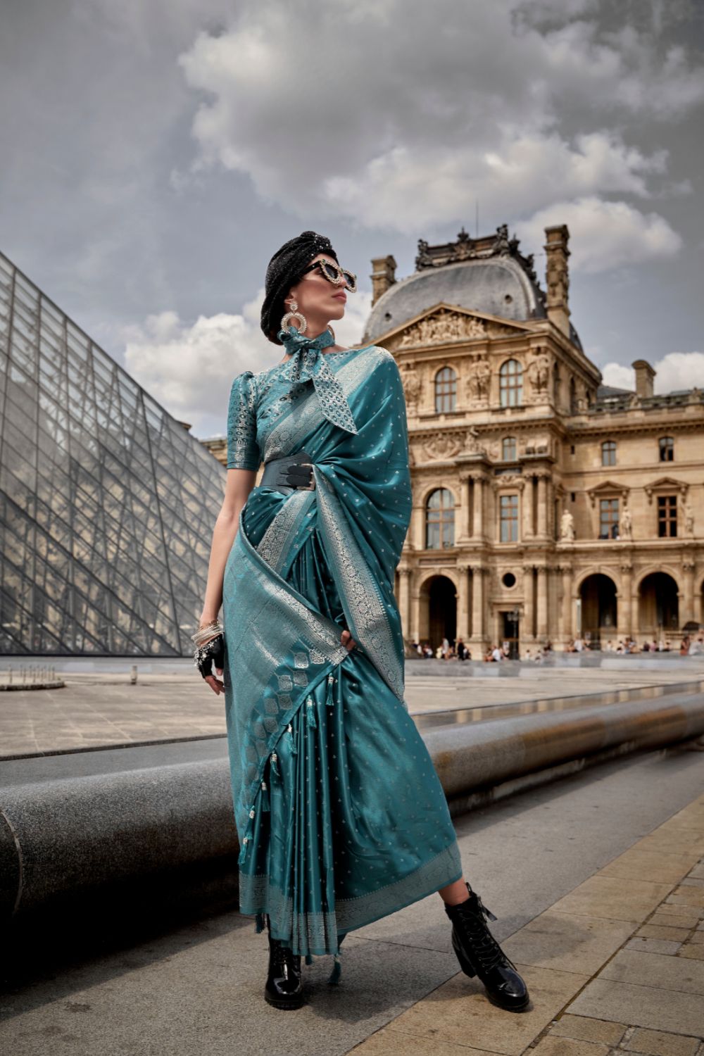 Teal Blue Traditional Woven Satin Silk Blend Saree with Blouse Piece – Festive & Partywear