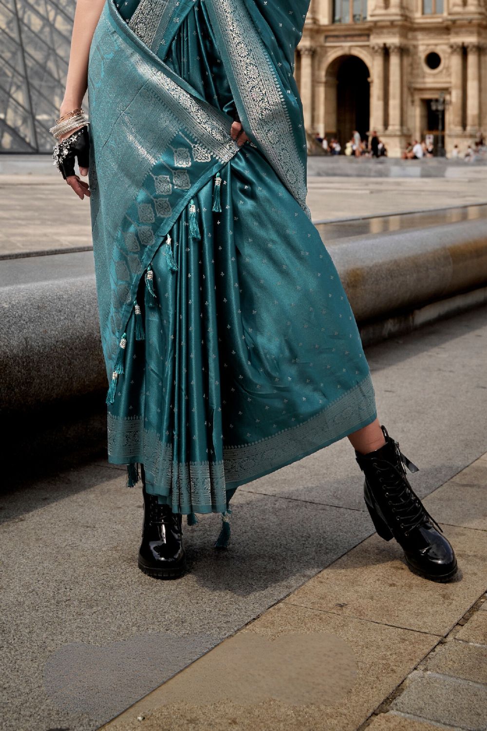 Teal Blue Traditional Woven Satin Silk Blend Saree with Blouse Piece – Festive & Partywear