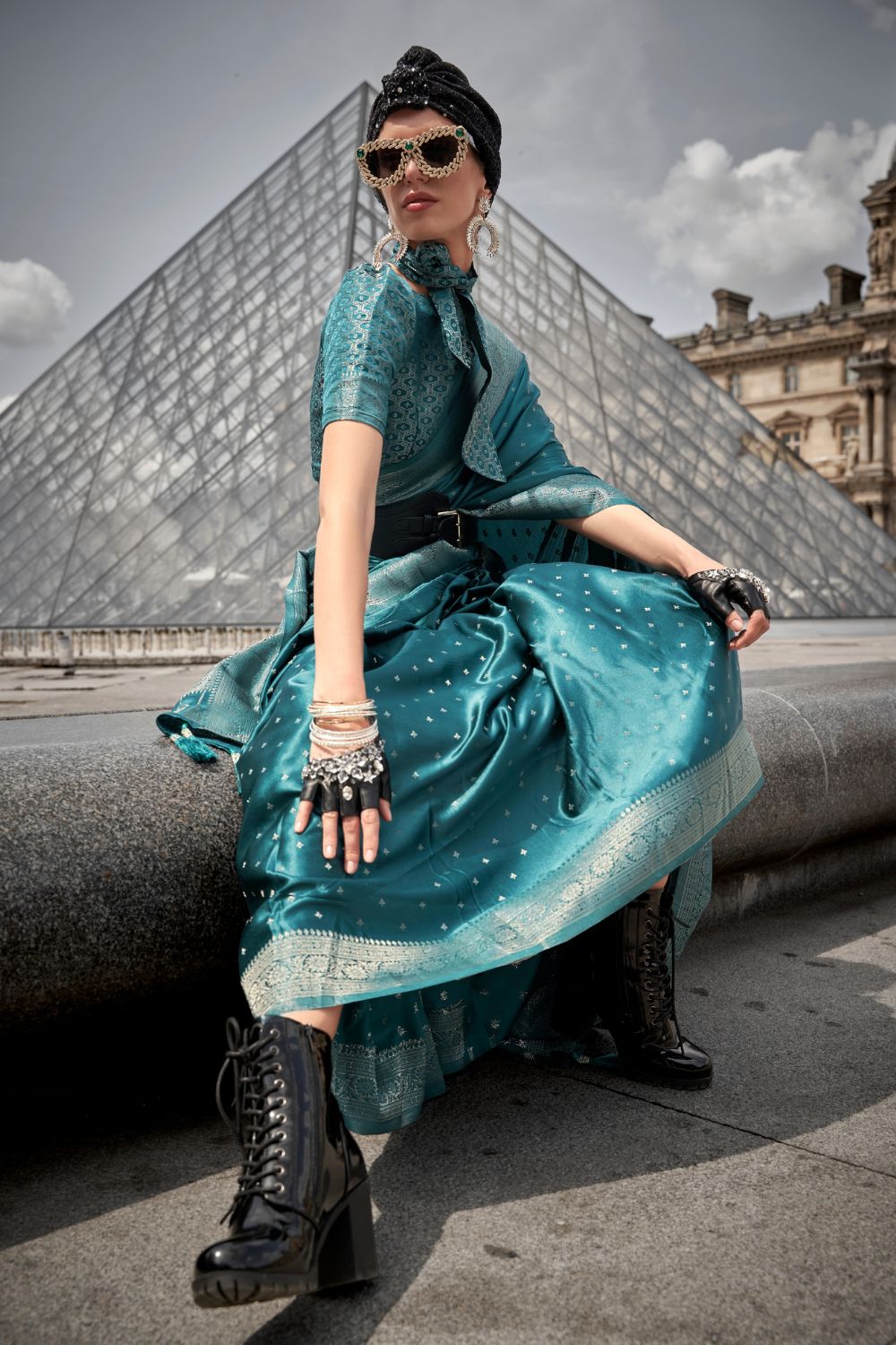Teal Blue Traditional Woven Satin Silk Blend Saree with Blouse Piece – Festive & Partywear