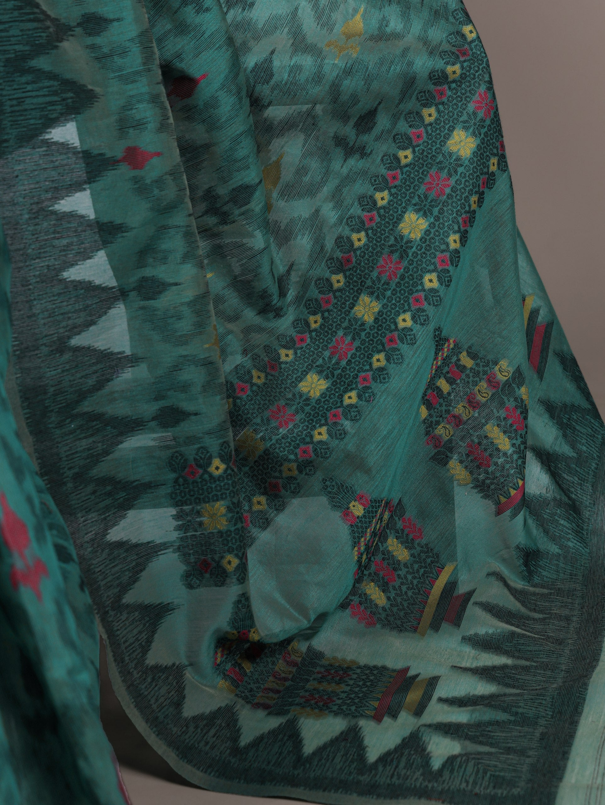 Teal Classic Poly Cotton Saree with Intricate Thread Weaving Work – Lightweight Everyday & Occasion Wear Unstitched Blouse Included