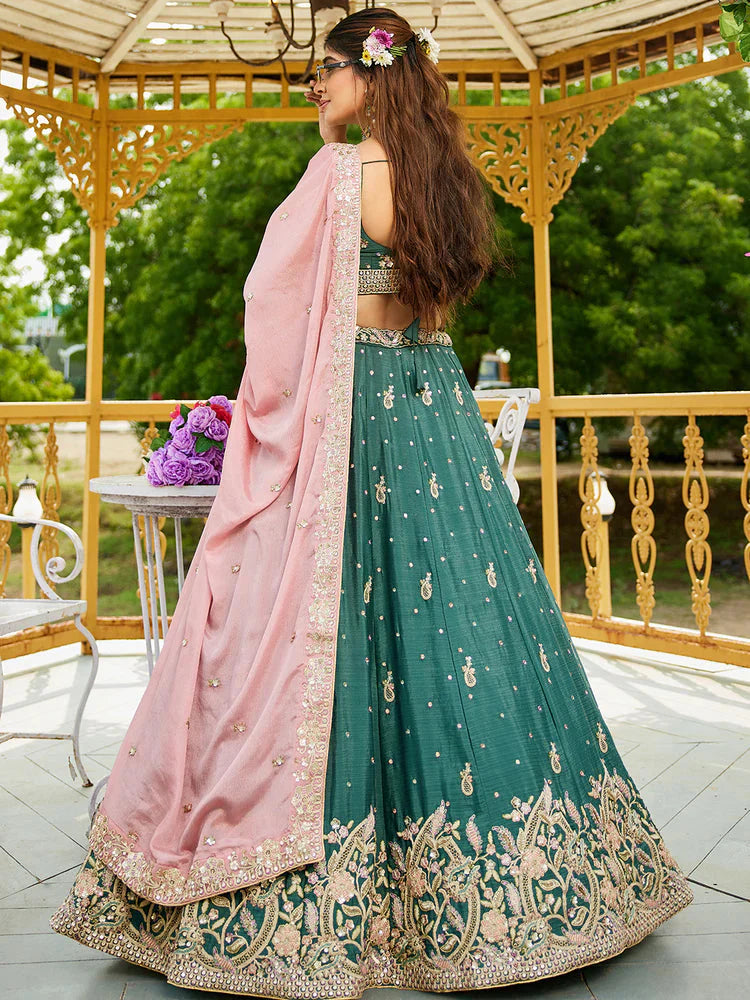 Teal Elegant Chiffon Sequin Embroidered Lehenga Choli Set with Ethnic Dupatta & Handmade Latkan