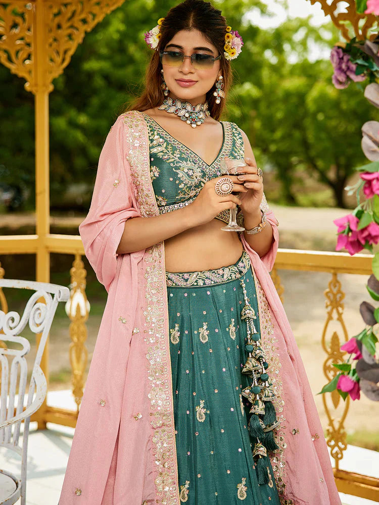 Teal Elegant Chiffon Sequin Embroidered Lehenga Choli Set with Ethnic Dupatta & Handmade Latkan