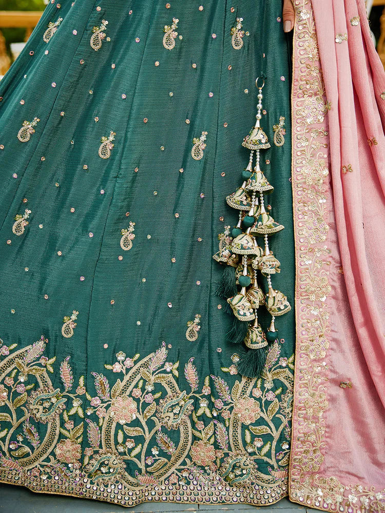 Teal Elegant Chiffon Sequin Embroidered Lehenga Choli Set with Ethnic Dupatta & Handmade Latkan